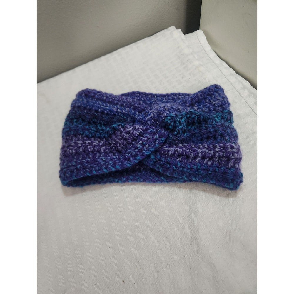 Handmade Crochet Twisted Ear Warmer Headband Purple Teal Variegated Knit Kids